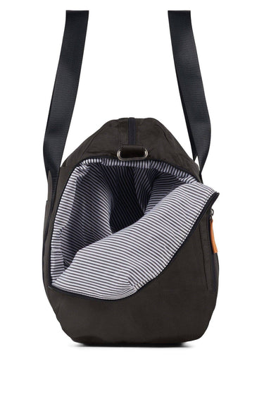 Black pet carrier with striped lining on a white background